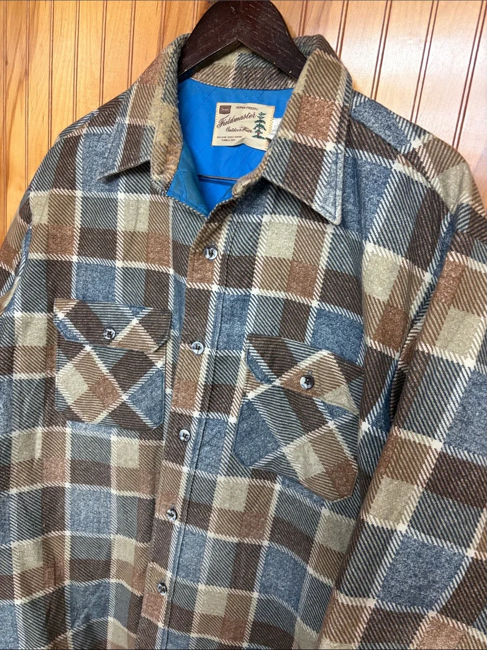 Vintage Sears Fieldmaster Quilted Plaid Flannel Shirt Jacket Blue Brown XLarge